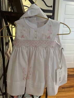 White Smocked Floral Baby Dress with Pink Embroidery